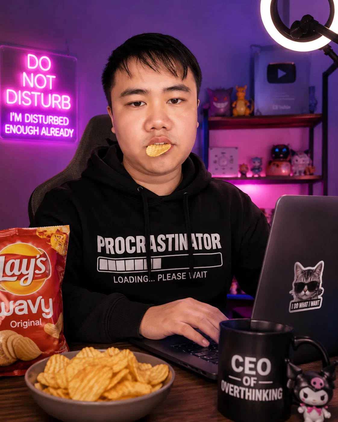 坐在电脑前吃薯片的尹志豪
